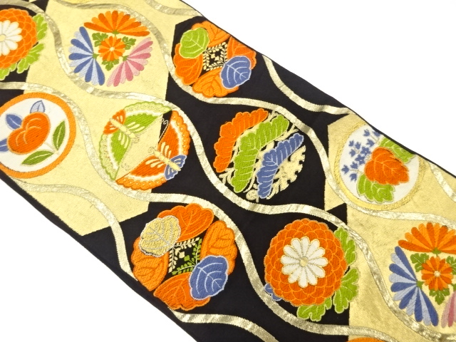 アンティーク　立涌に向かい蝶・菊・桐模様織り出し袋帯（着用可）